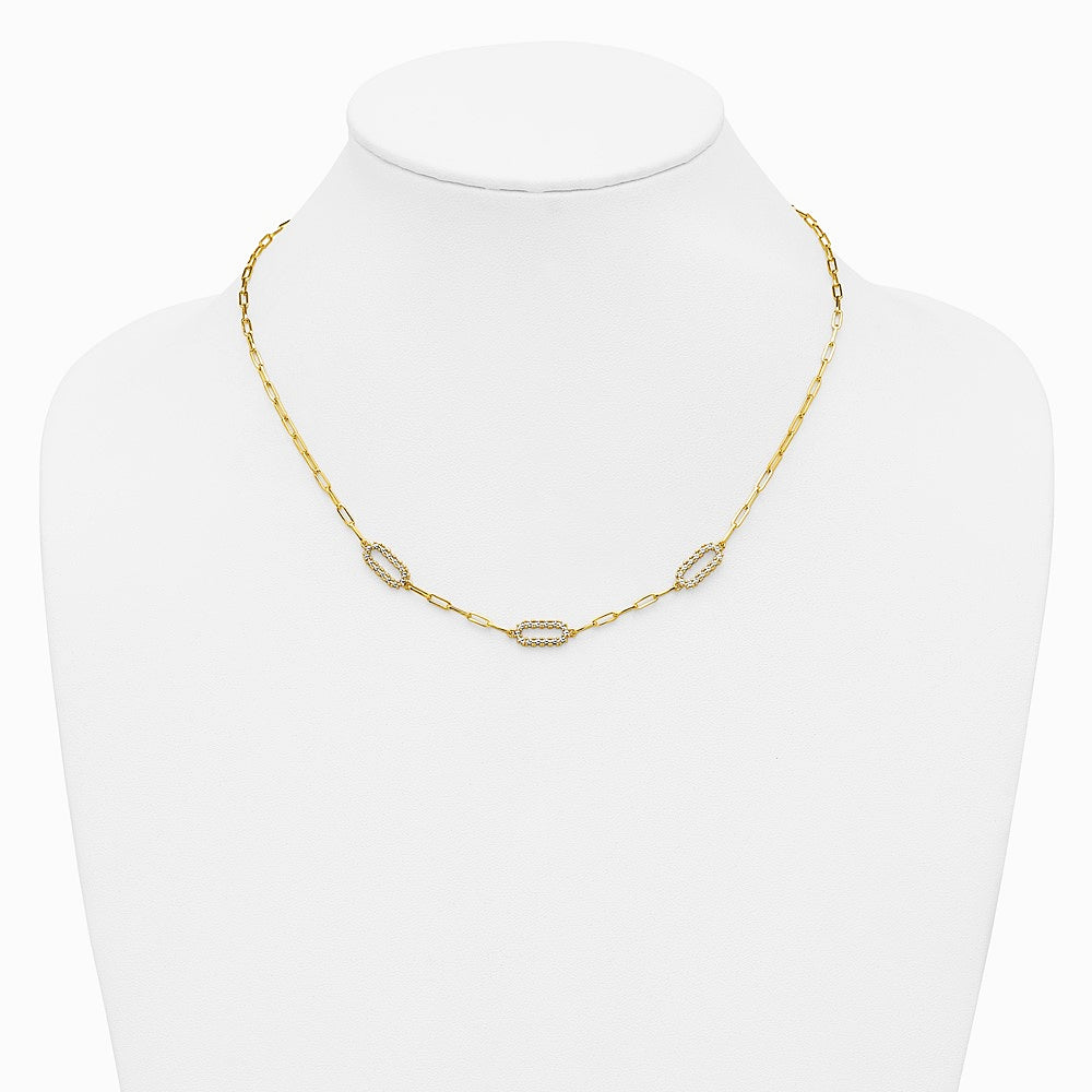 14K Yellow & RH with White RH Pol. and Dia-cut Paperclip Fancy Necklace - Product Photo