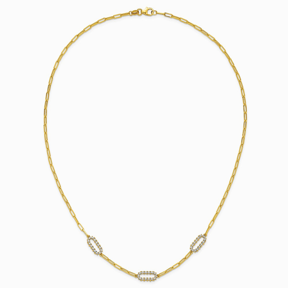 14K Yellow & RH with White RH Pol. and Dia-cut Paperclip Fancy Necklace - Product Photo