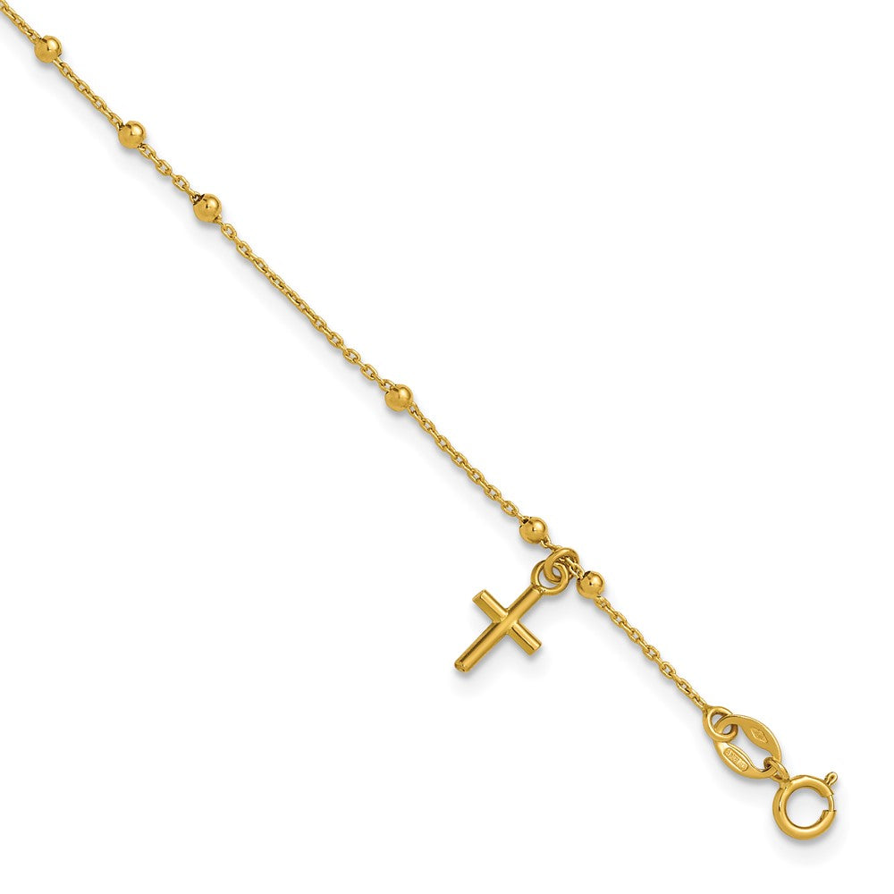 14K Yellow Gold Polished Beaded Cross w/.5in ext. Rosary Bracelet