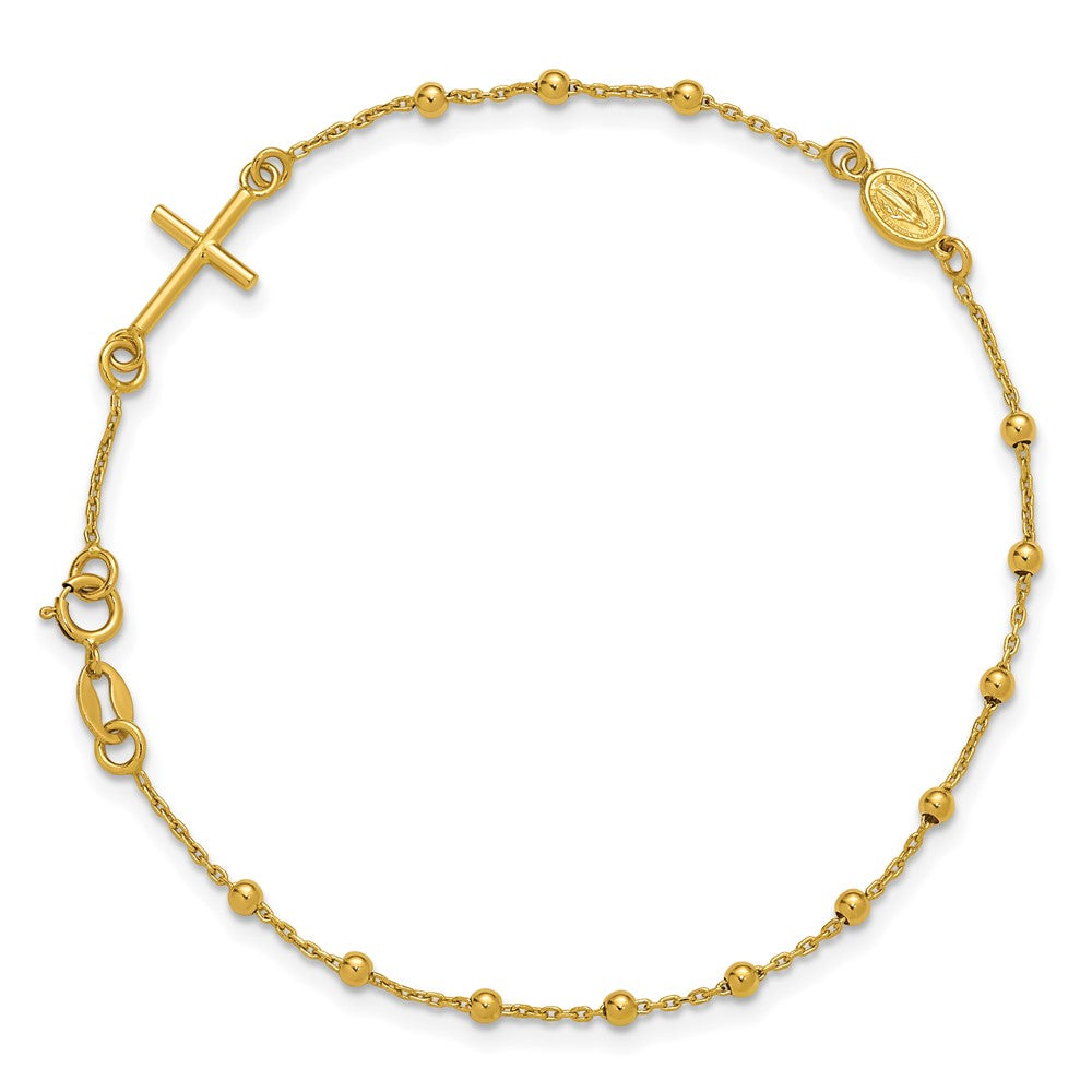 14K Yellow Gold Polished Beaded Cross w/.5in ext. Rosary Bracelet