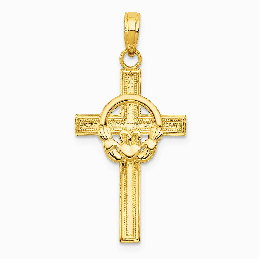 10K / 14K Yellow Gold Polished Claddagh Cross Pendant - Product Photo
