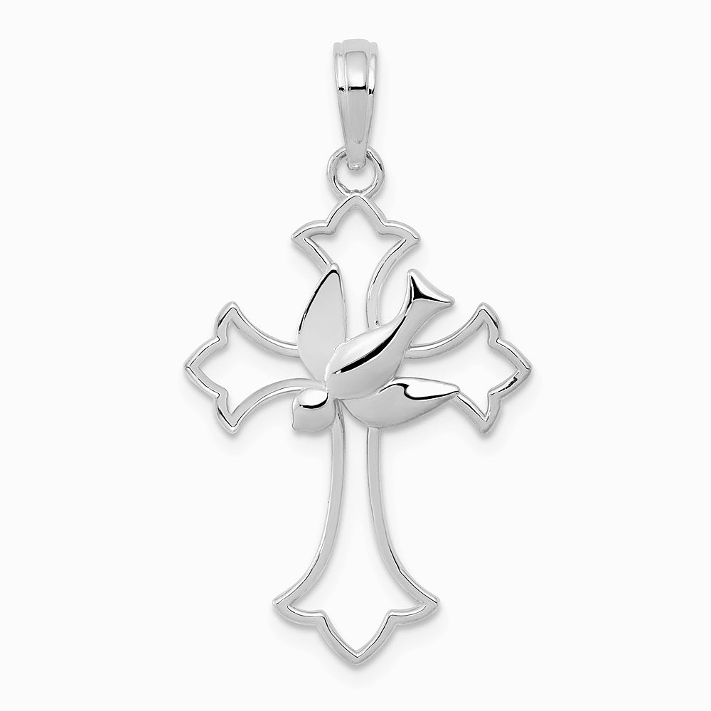 14K White Gold Polished Cross w/ Dove Charm - Product Photo