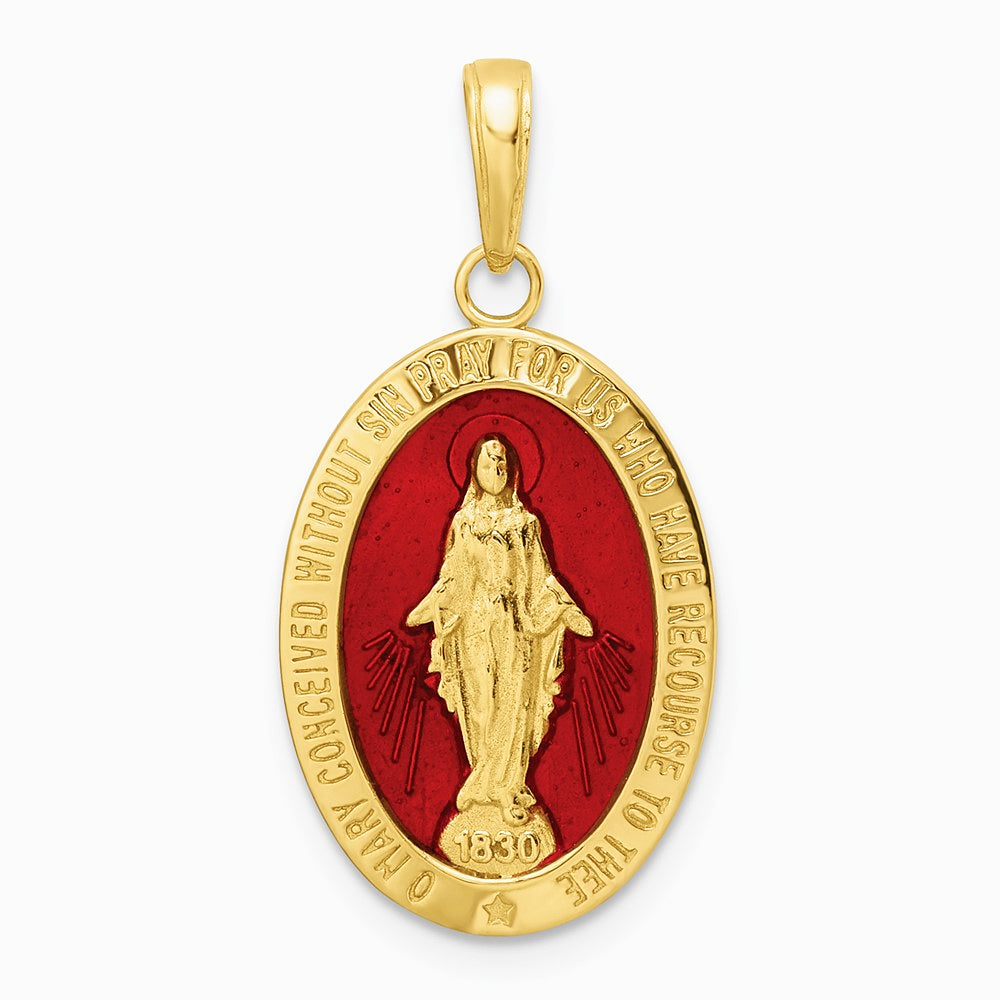 14K Yellow Gold Red Enameled Miraculous Medal Pendant - Product Photo