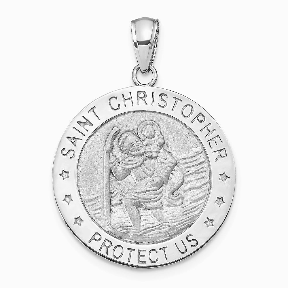 14K White Gold Polished / Satin Christopher Medal Charm - Product Photo