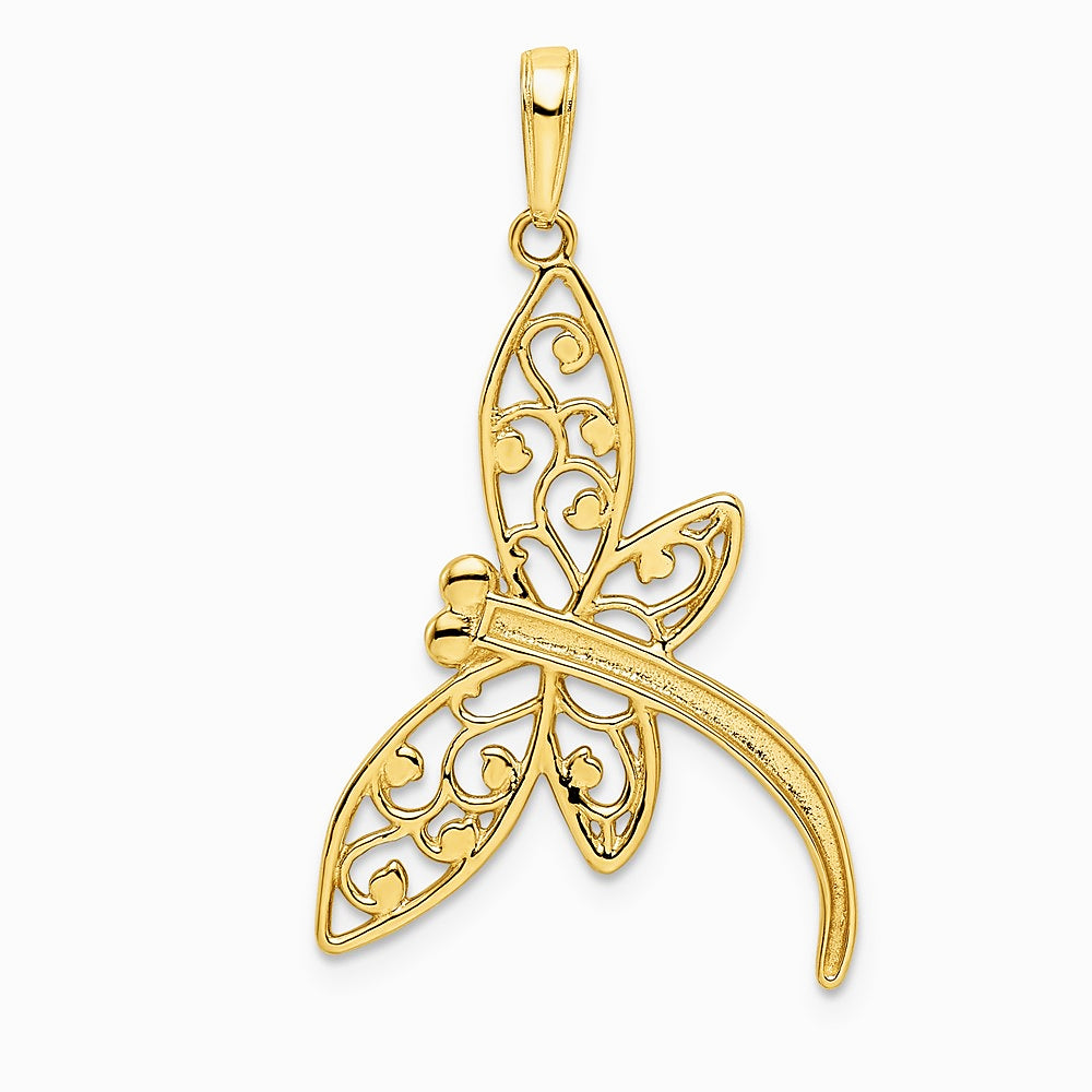 14K Yellow & Rhodium and White Rhodium Diamond-cut Filigree Dragonfly Pendant - Product Photo