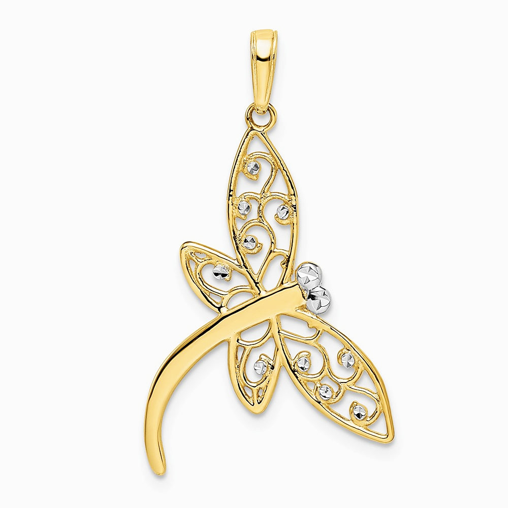 14K Yellow & Rhodium and White Rhodium Diamond-cut Filigree Dragonfly Pendant - Product Photo