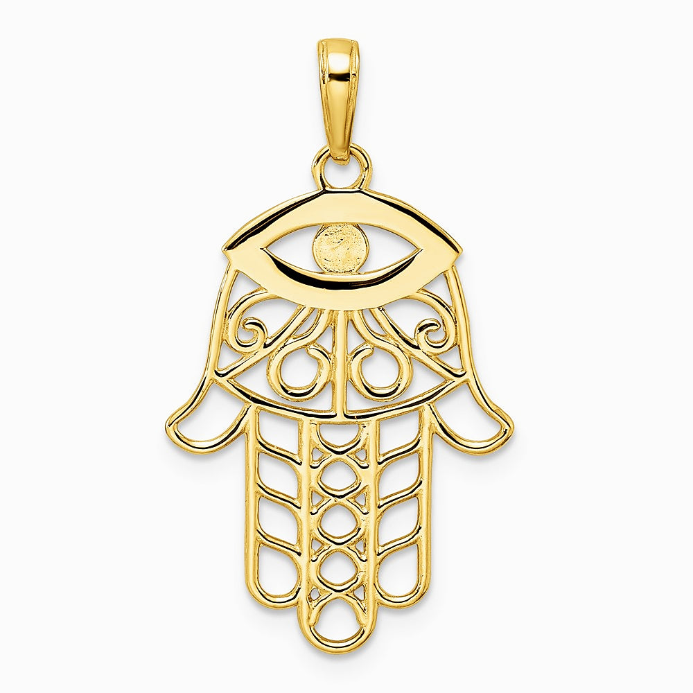14K Yellow & Rhodium & White Rhodium Diamond-Cut Evil Eye Hamsa Pendant - Product Photo