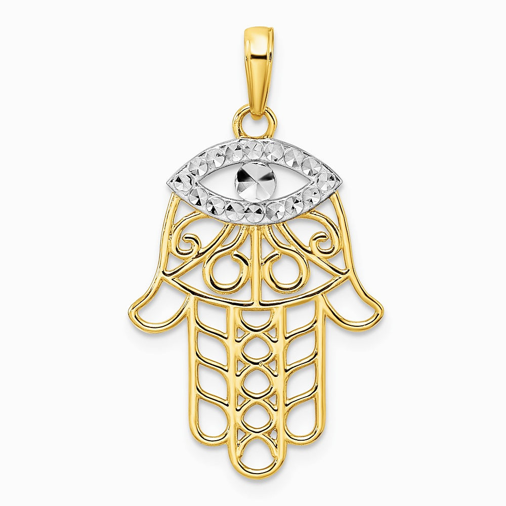 14K Yellow & Rhodium & White Rhodium Diamond-Cut Evil Eye Hamsa Pendant - Product Photo