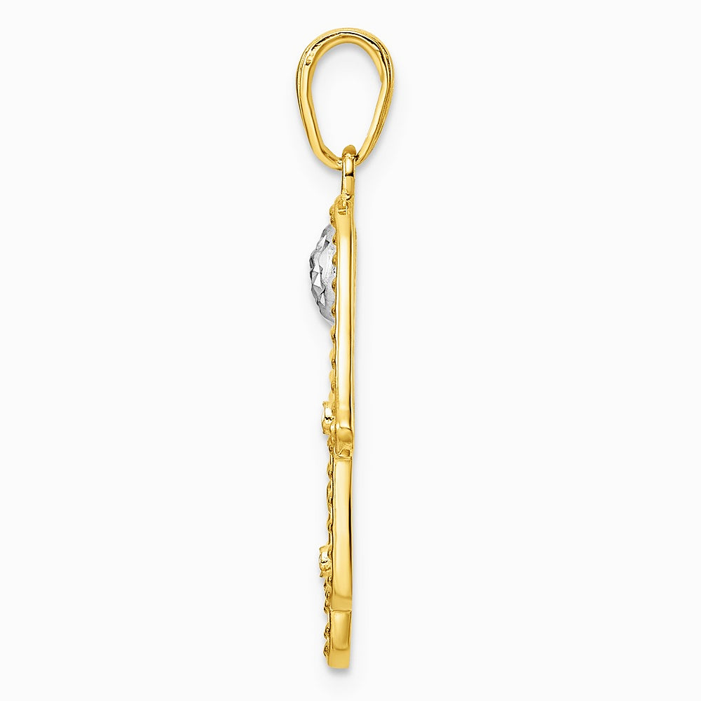 14K Yellow & Rhodium & White Rhodium Diamond-Cut Evil Eye Filigree Hamsa Pendant - Product Photo