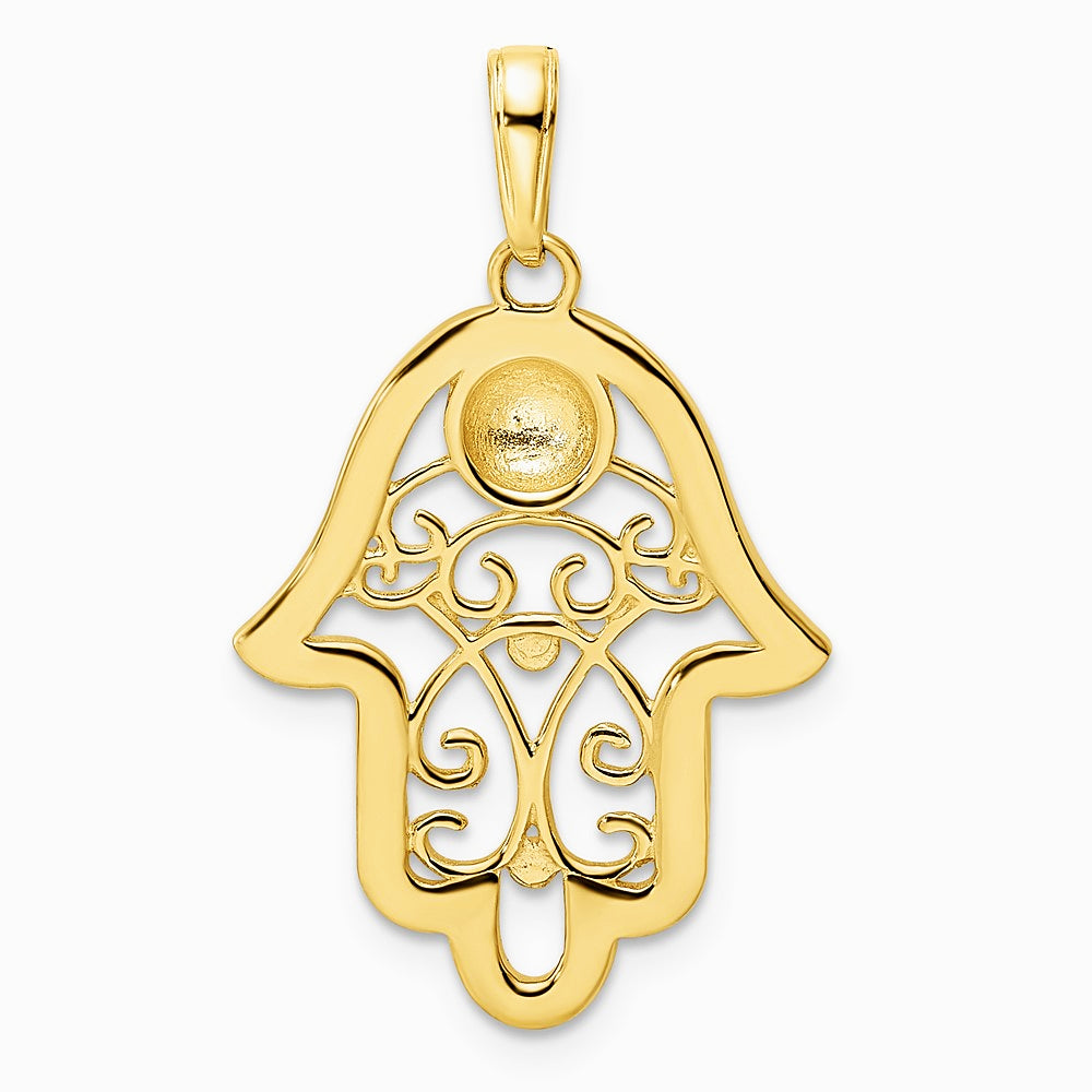 14K Yellow & Rhodium & White Rhodium Diamond-Cut Evil Eye Filigree Hamsa Pendant - Product Photo
