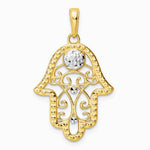 14K Yellow & Rhodium & White Rhodium Diamond-Cut Evil Eye Filigree Hamsa Pendant - Product Photo
