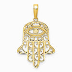 14K Yellow & Rhodium & White Rhodium Diamond-Cut Filigree Evil Eye Hamsa Pendant - Product Photo