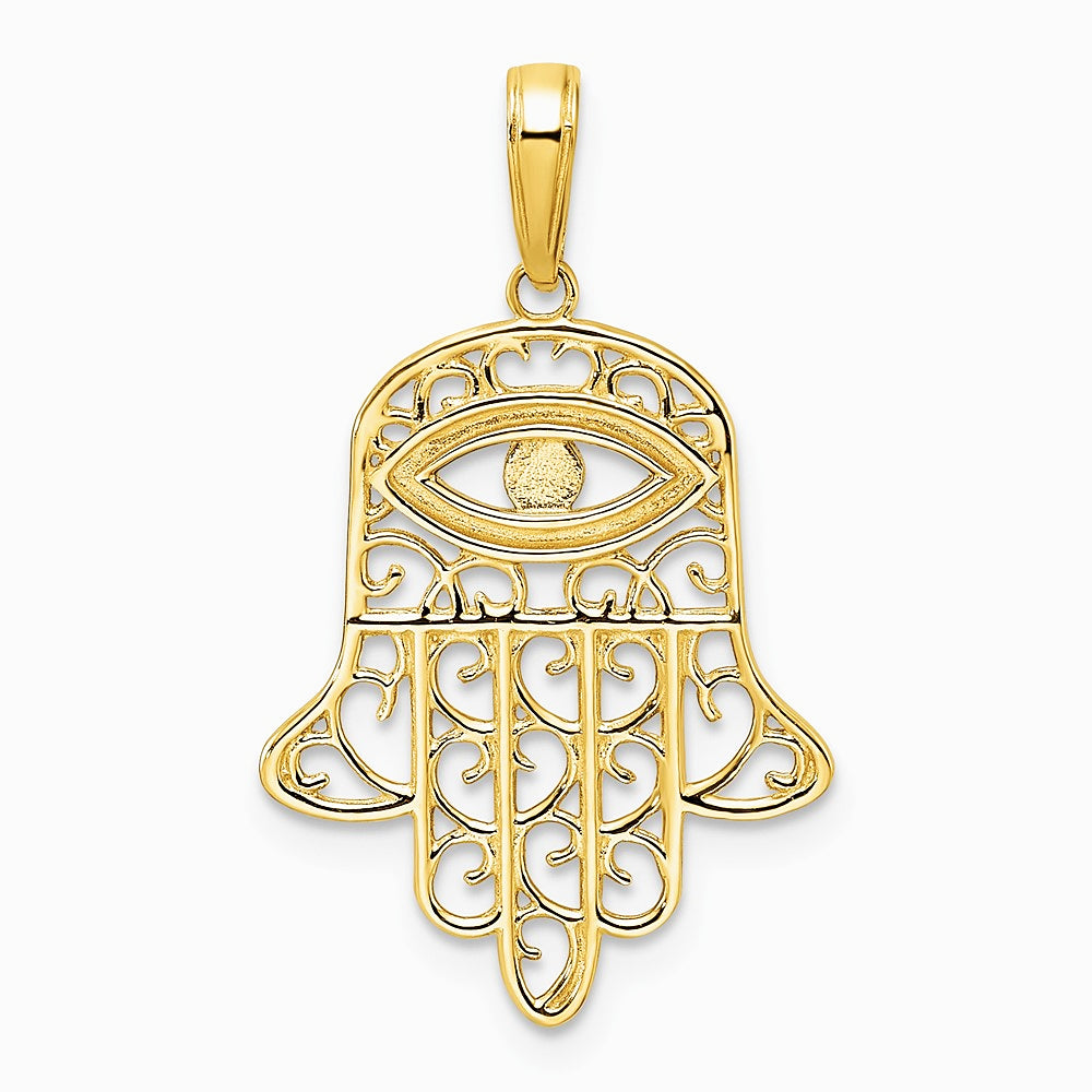 14K Yellow & Rhodium & White Rhodium Diamond-Cut Filigree Evil Eye Hamsa Pendant - Product Photo