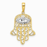 14K Yellow & Rhodium & White Rhodium Diamond-Cut Filigree Evil Eye Hamsa Pendant - Product Photo