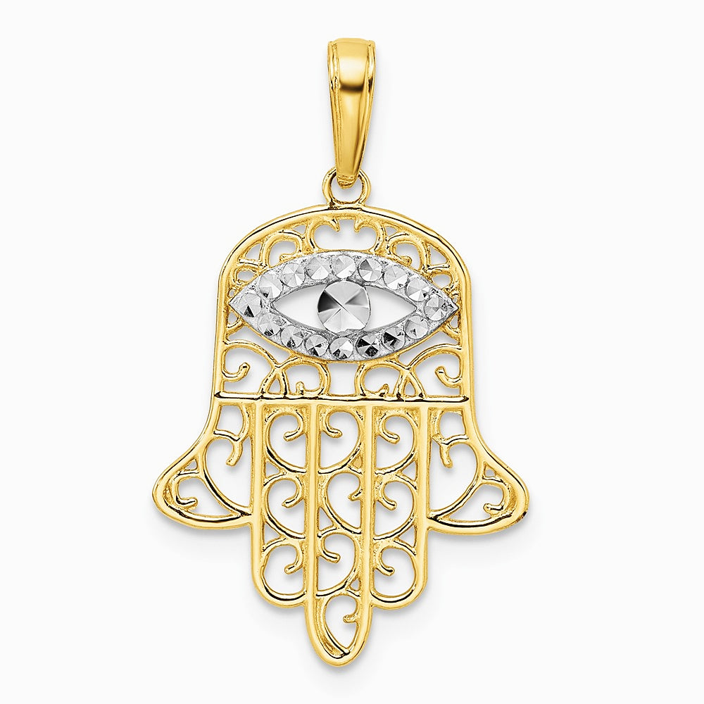 14K Yellow & Rhodium & White Rhodium Diamond-Cut Filigree Evil Eye Hamsa Pendant - Product Photo
