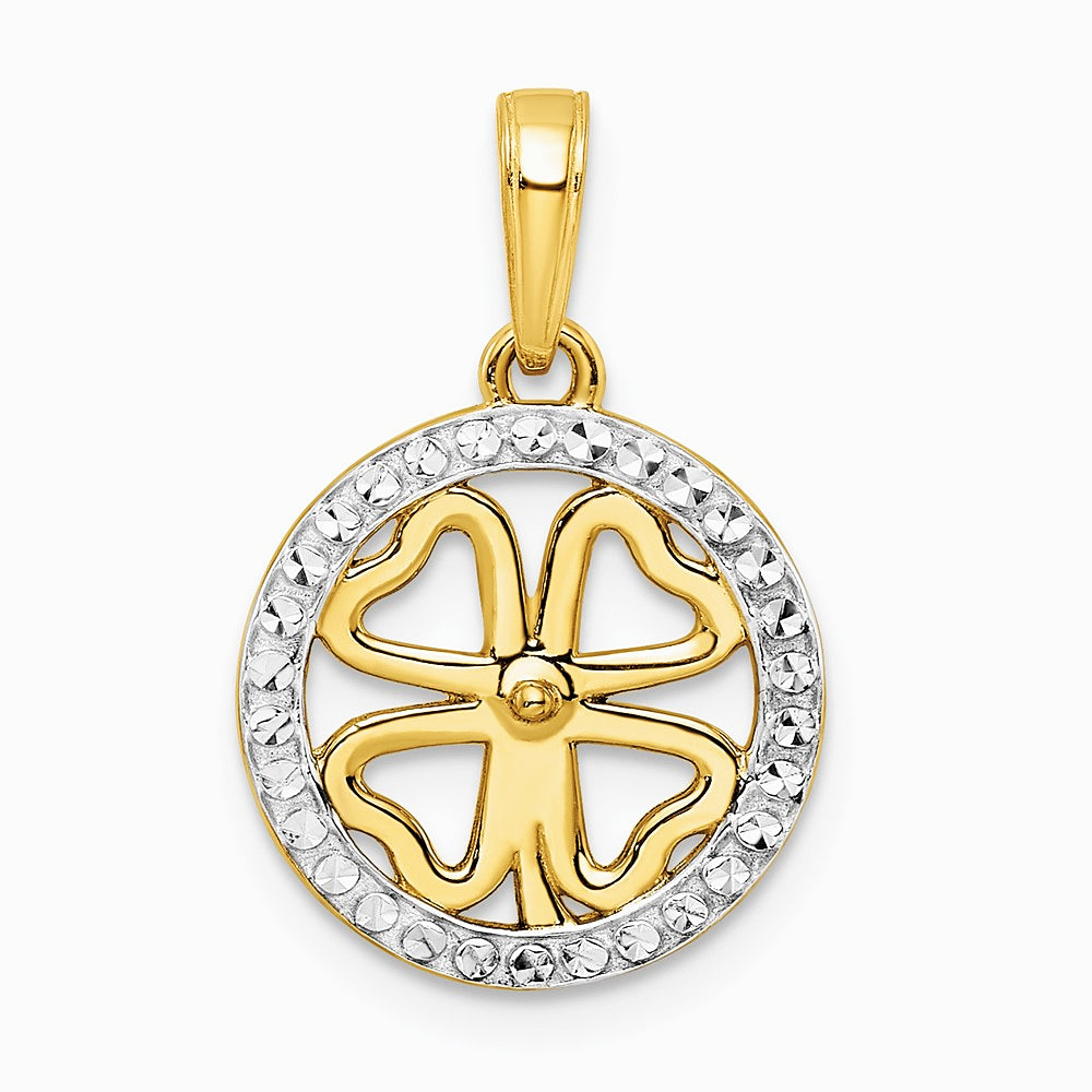 14K Yellow & Rhodium with White Rhodium Diamond-cut Four-leaf Clover Pendant - Product Photo