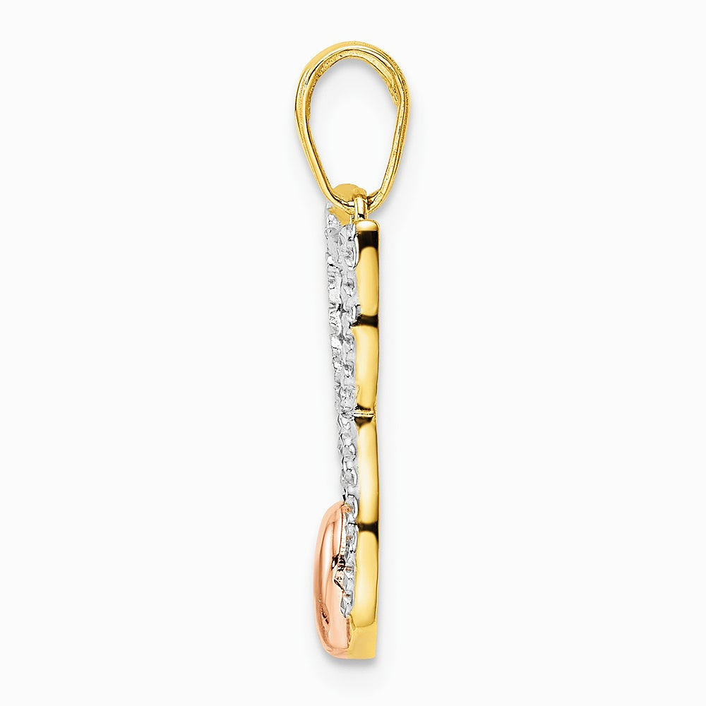 14K Yellow & RH with White and Rose RH Diamond-cut Cat w/ Heart Pendant - Product Photo