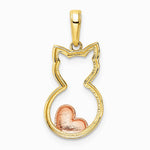 14K Yellow & RH with White and Rose RH Diamond-cut Cat w/ Heart Pendant - Product Photo
