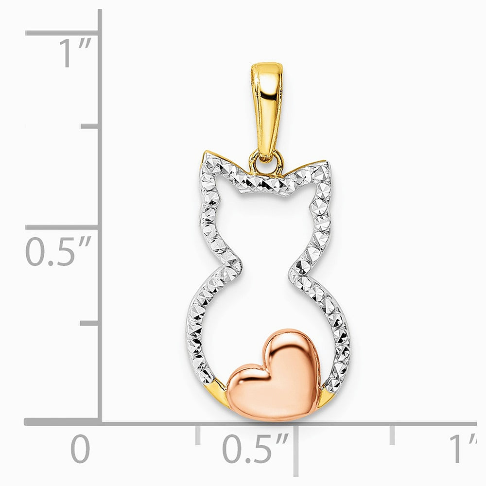 14K Yellow & RH with White and Rose RH Diamond-cut Cat w/ Heart Pendant - Product Photo