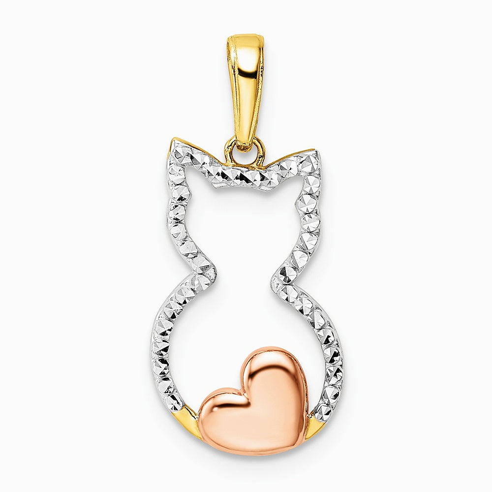 14K Yellow & RH with White and Rose RH Diamond-cut Cat w/ Heart Pendant - Product Photo