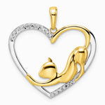14K Yellow & RH and White RH Diamond-cut Cat Stretching in Heart Pendant - Product Photo