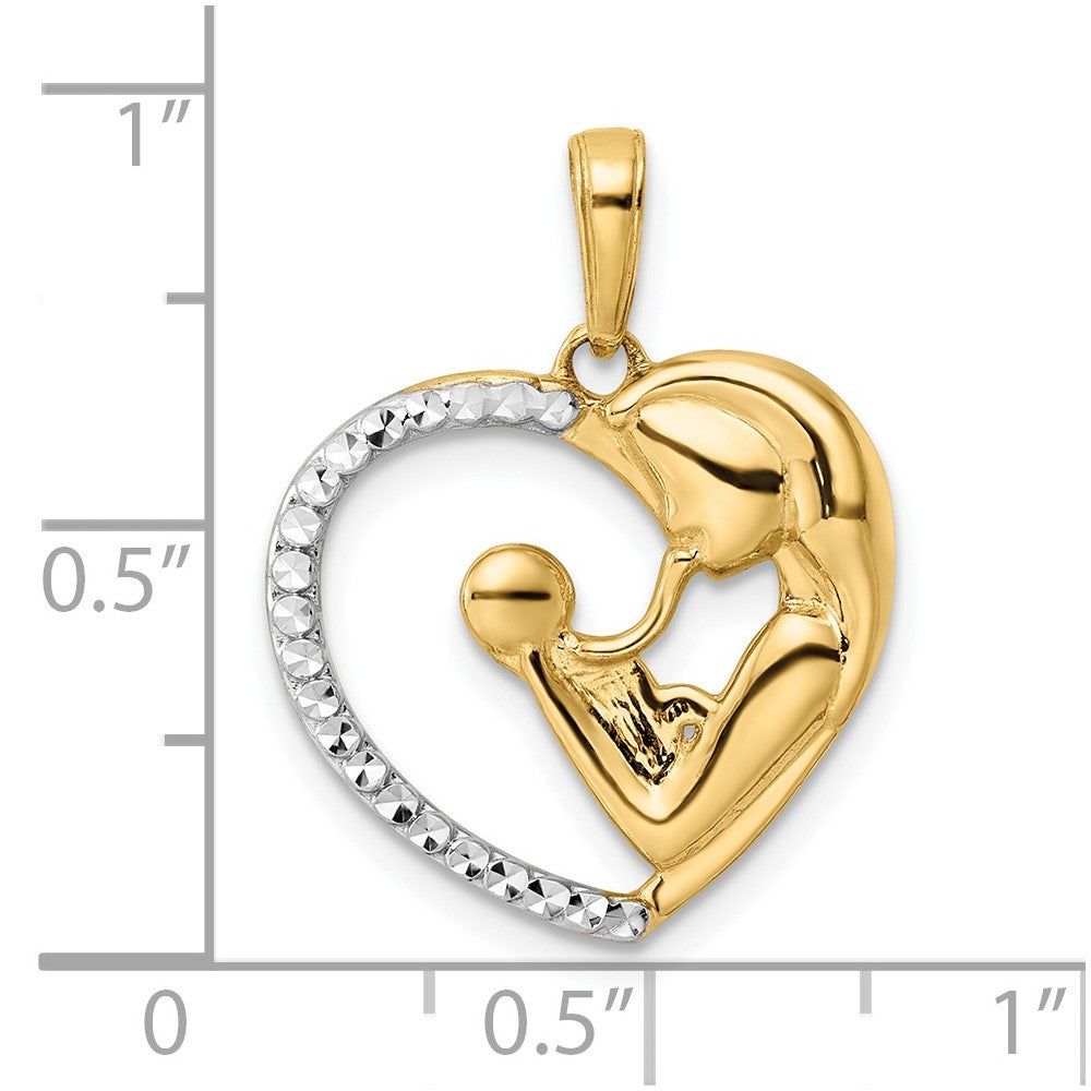 14K Yellow & Rhodium and White Rhodium Diamond-cut Mother and Baby Heart Pendant - Product Photo