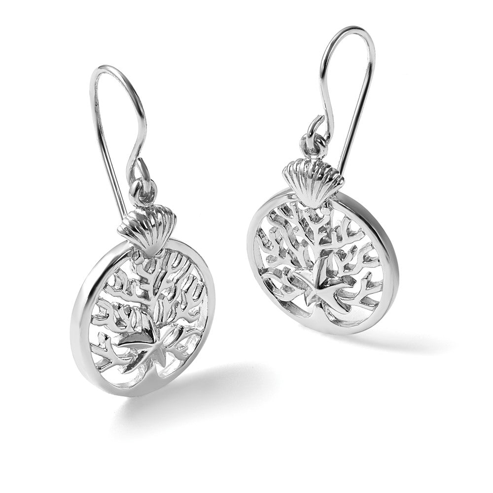 Sterling Silver Rhodium-Plated Starfish & Scallop Shell Reef Dangle Earring - Product Photo