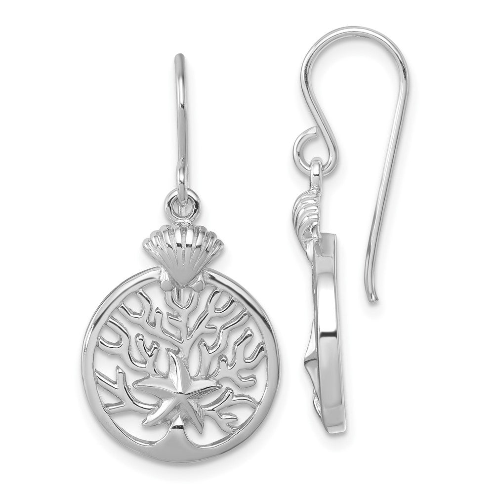 Sterling Silver Rhodium-Plated Starfish & Scallop Shell Reef Dangle Earring - Product Photo