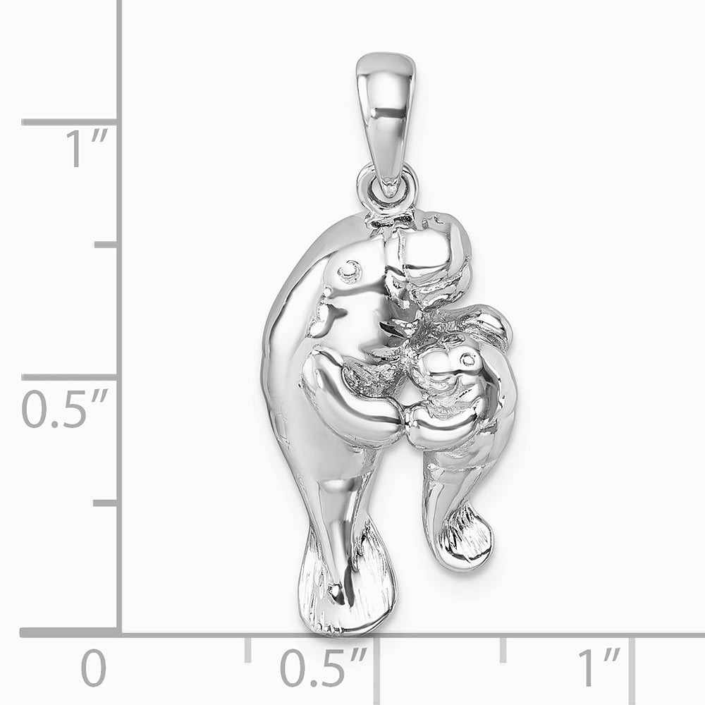 Sterling Silver Rhodium-plated Polished Manatee & Baby Pendant - Product Photo
