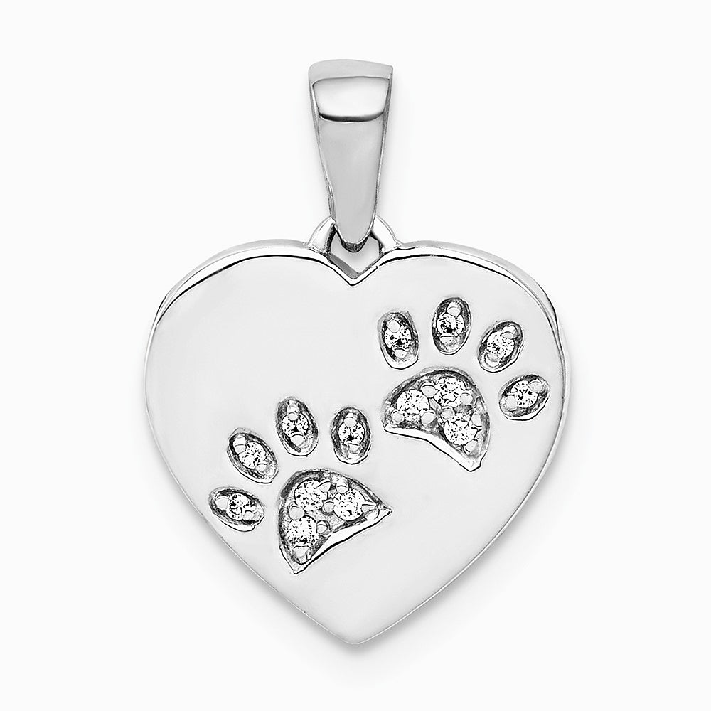 14K White Gold Diamond Paw Prints Heart Pendant - Product Photo