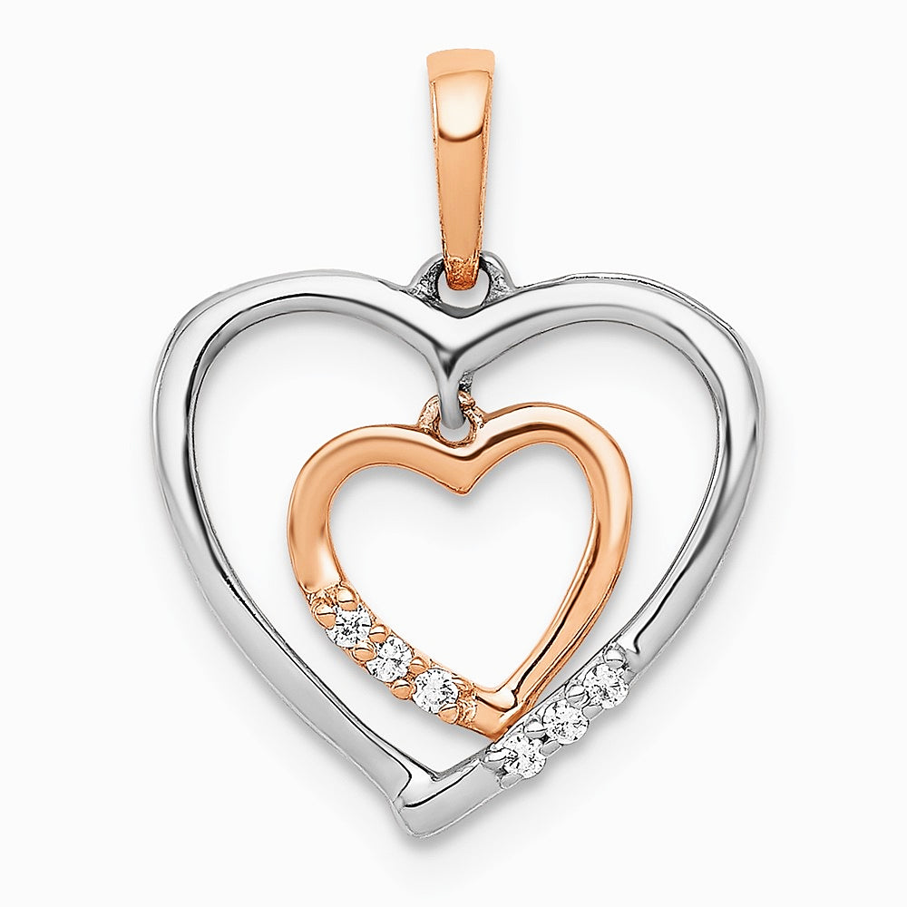 14K Two-tone 14kt White w/ Rose Gold Heart Charm Diamond Heart Pendant - Product Photo