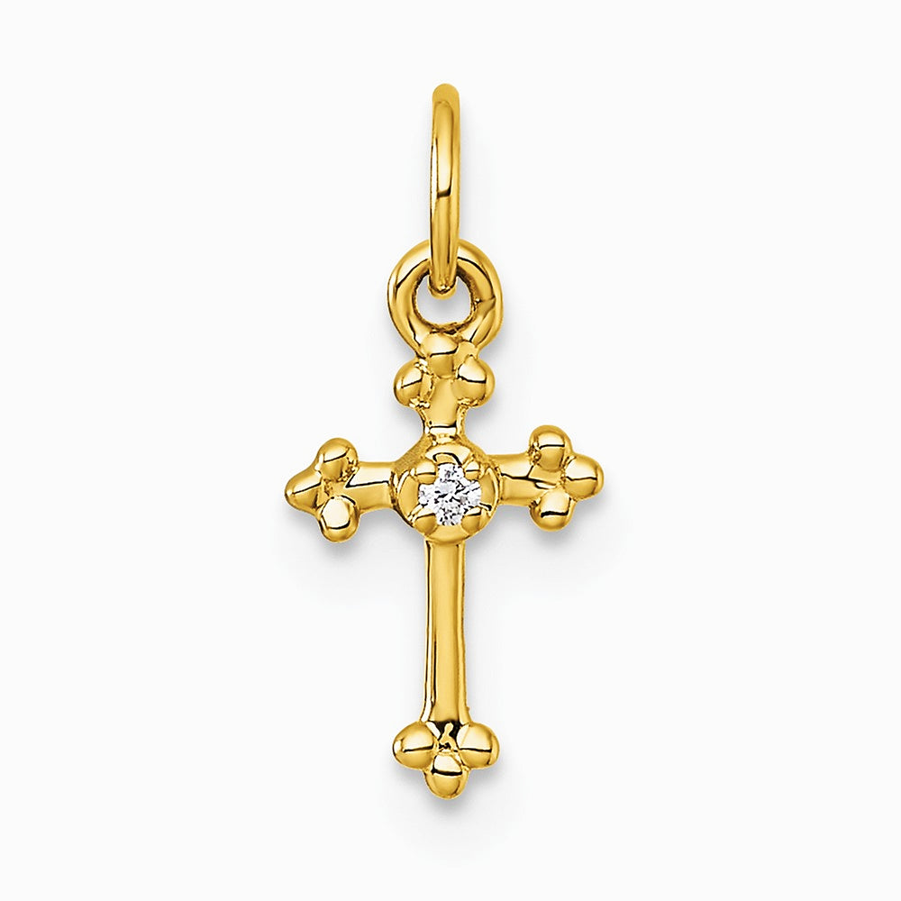 14K Yellow Gold Small Diamond Budded Cross Pendant
