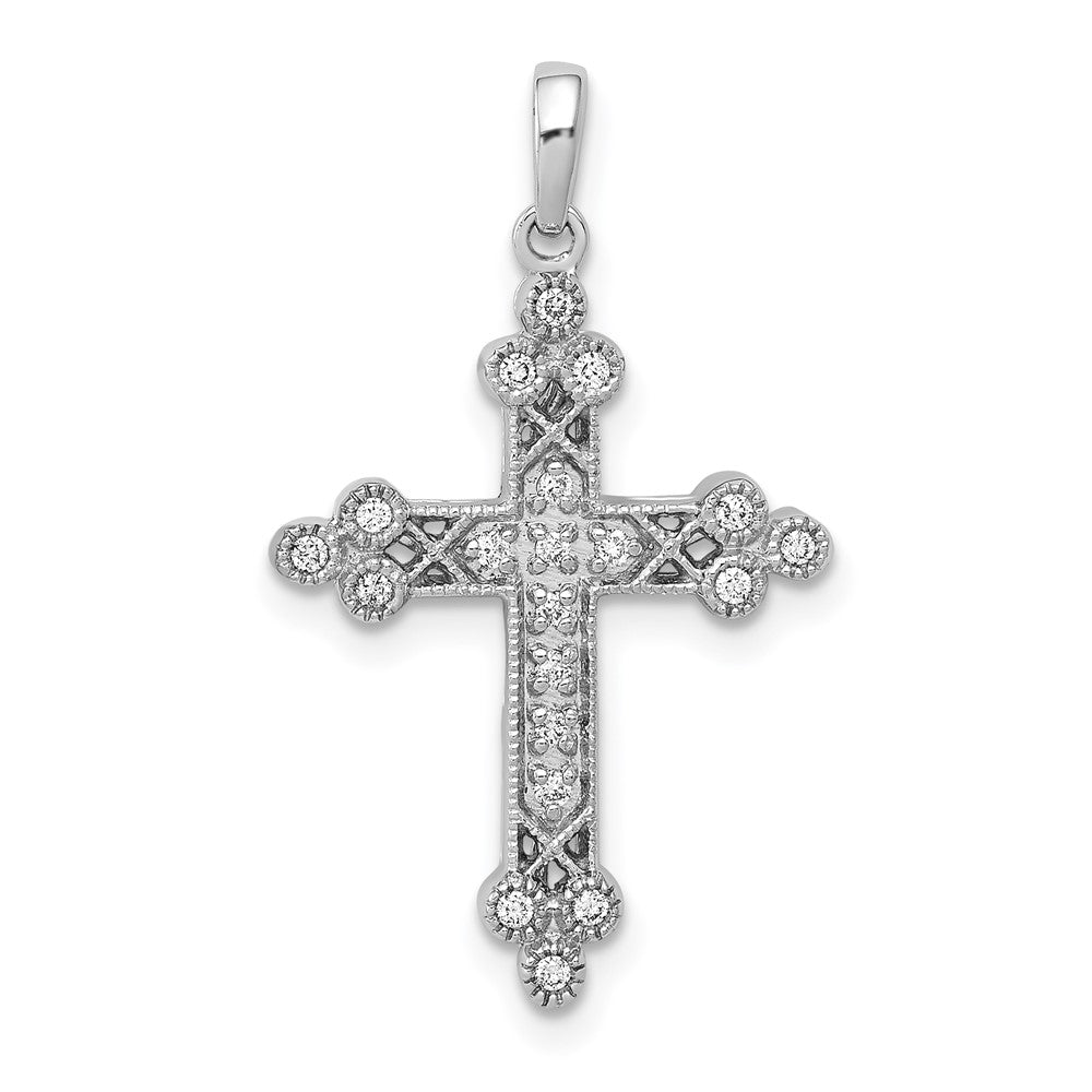 14K White Gold 1/10ct. Diamond Filigree Budded Cross Pendant - Product Photo