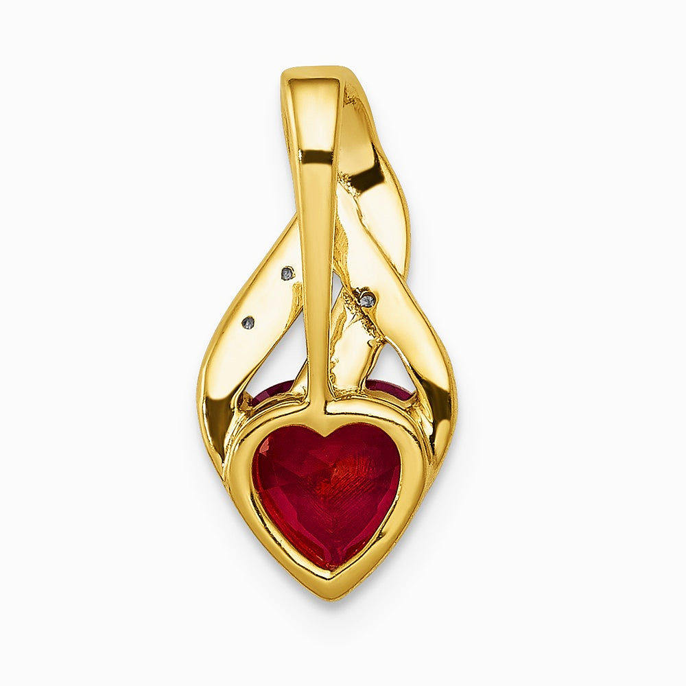 10K Yellow Gold Diamond and Created Ruby Polished Heart Pendant - Product Photo