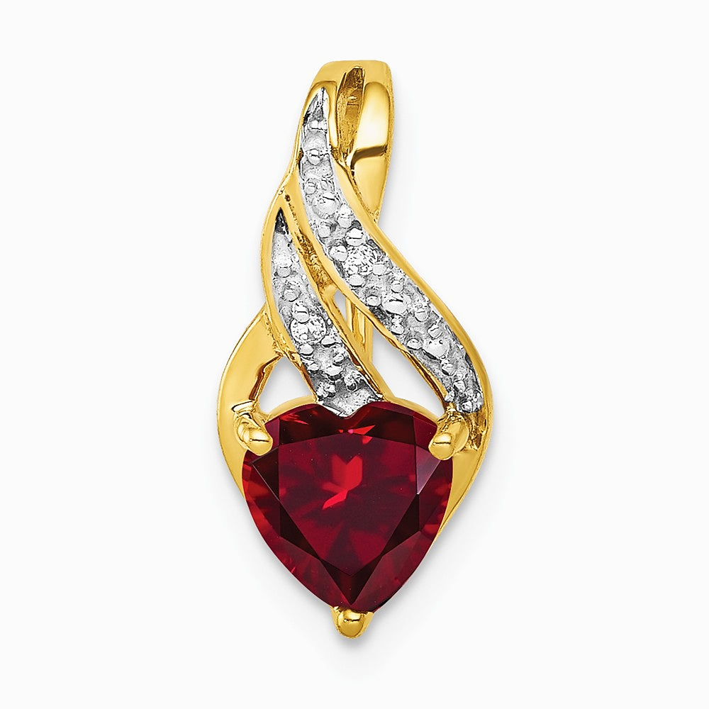 10K Yellow Gold Diamond and Created Ruby Polished Heart Pendant - Product Photo