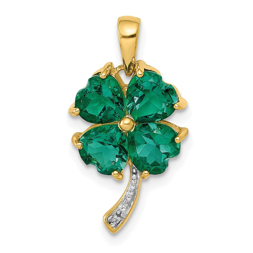 14k Created Emerald and Diamond Four Leaf Clover Pendant - Product Photo