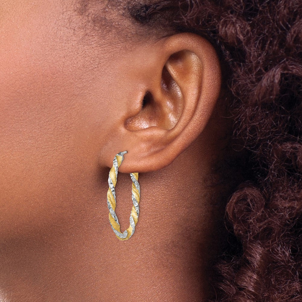 14K White Gold & Yellow Rhodium Twisted Diamond-Cut Oval Hoop Earrings - Product Photo