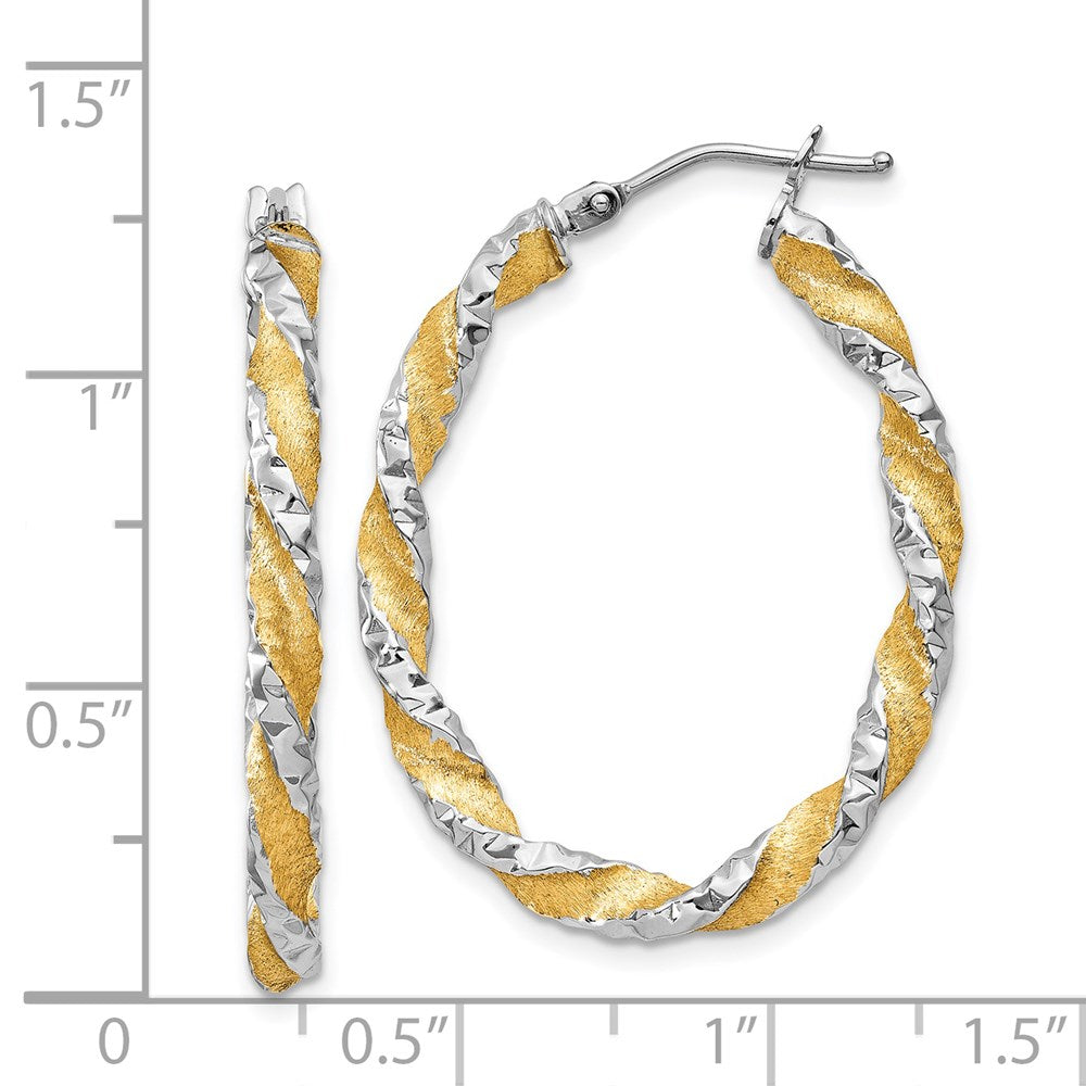 14K White Gold & Yellow Rhodium Twisted Diamond-Cut Oval Hoop Earrings - Product Photo