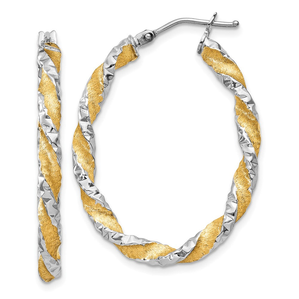 14K White Gold & Yellow Rhodium Twisted Diamond-Cut Oval Hoop Earrings - Product Photo