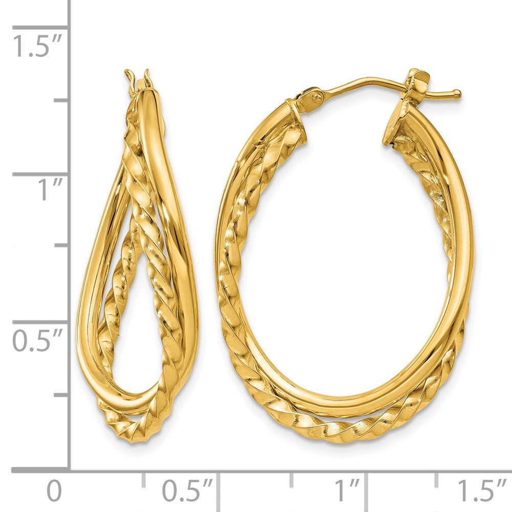 14k Textured and Polished Twist Oval Hoop Earrings - Product Photo