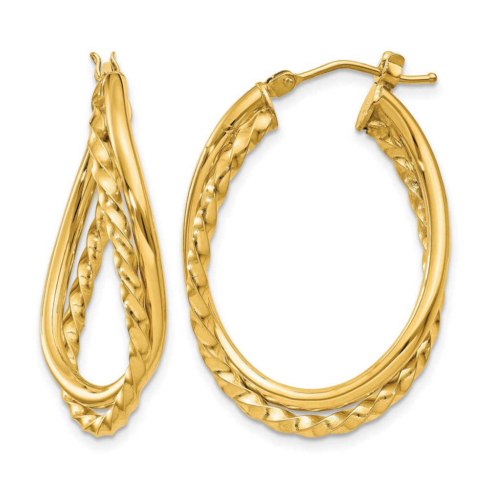 14K Yellow Gold Textured and Polished Twist Oval Hoop Earrings