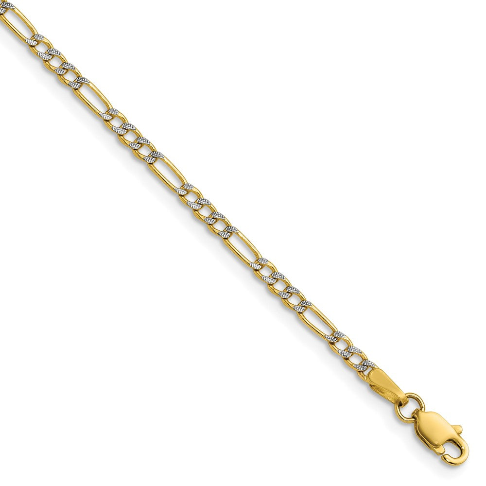 14K Yellow & RH 2.3mm Semi-solid with RH Pavé Figaro Chain Bracelet 7"-9"