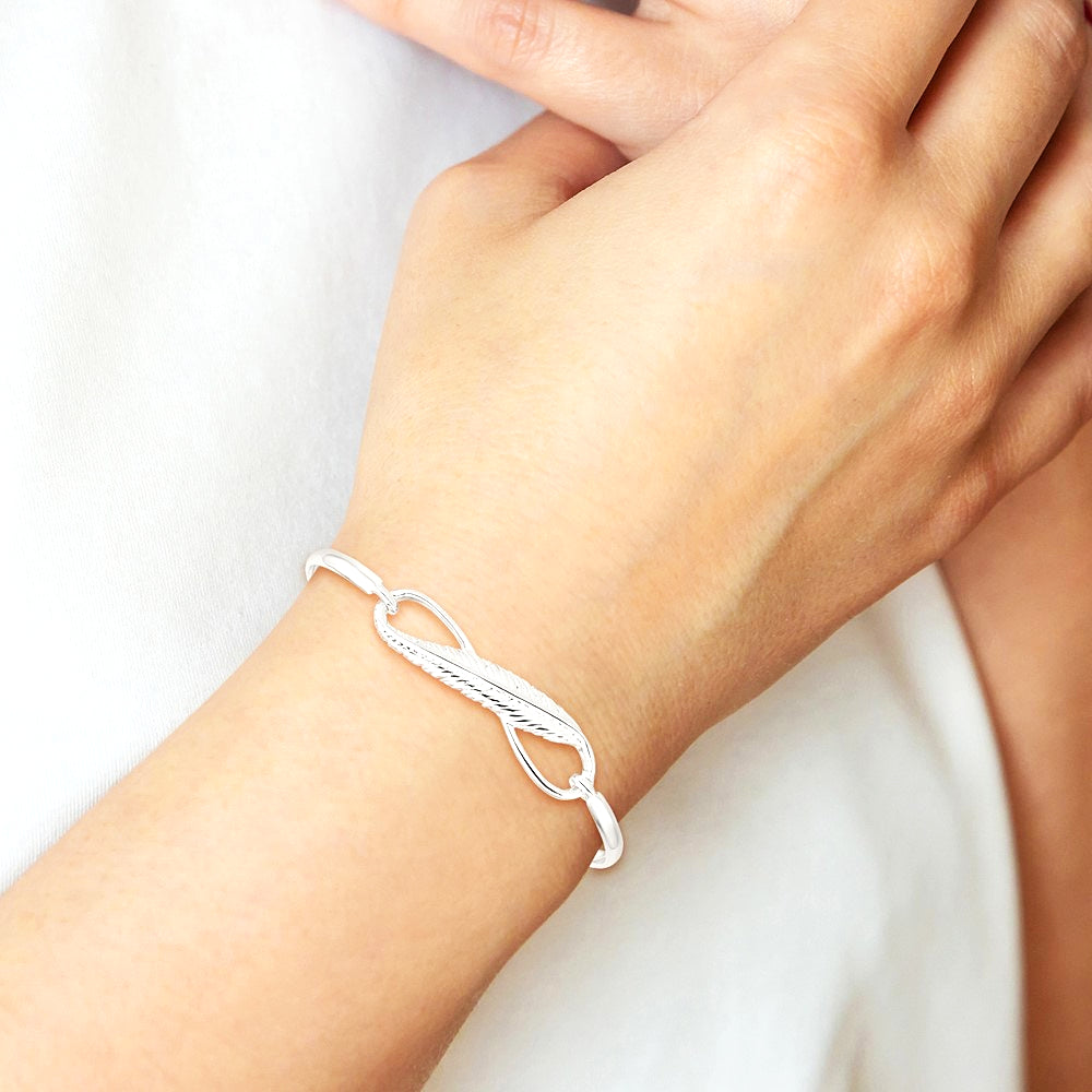Sterling Silver Infinity with Feather Bangle Bracelet - Product Photo