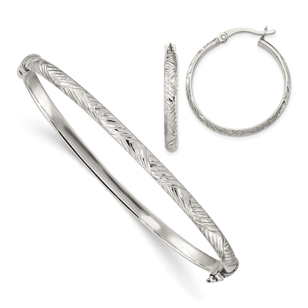 Sterling Silver D/C 4mm Bangle and 3mm Hoop Earring Set - Product Photo