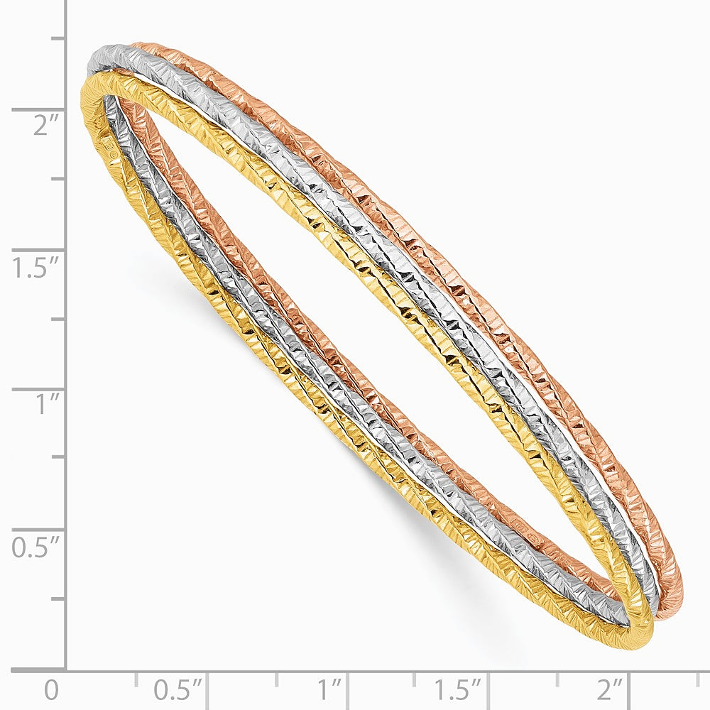 Sterling Silver Rhodium-plated Gold Rose-tone Diamond-cut Set of 3 Bangles - Product Photo