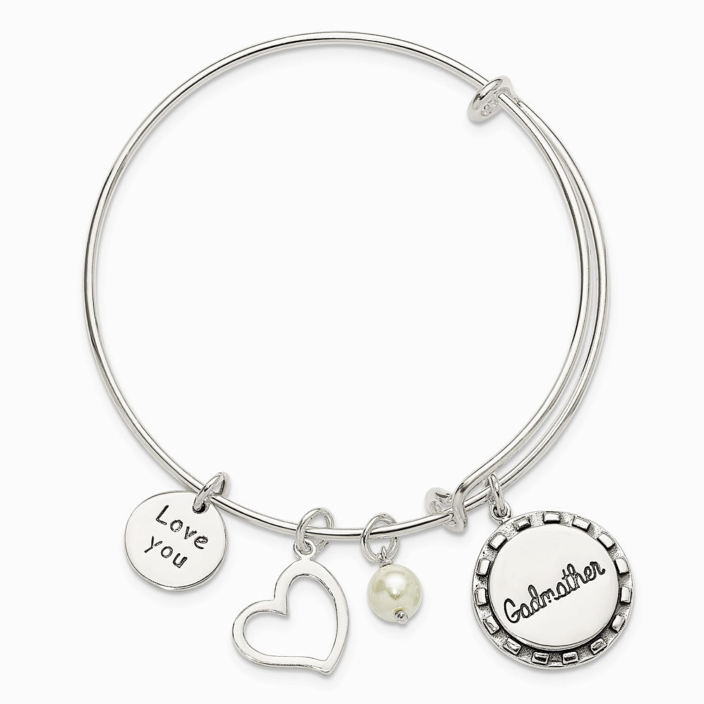 Sterling Silver Antiqued Syn. Pearl Godmother Charm Adjustable Bangle - Product Photo