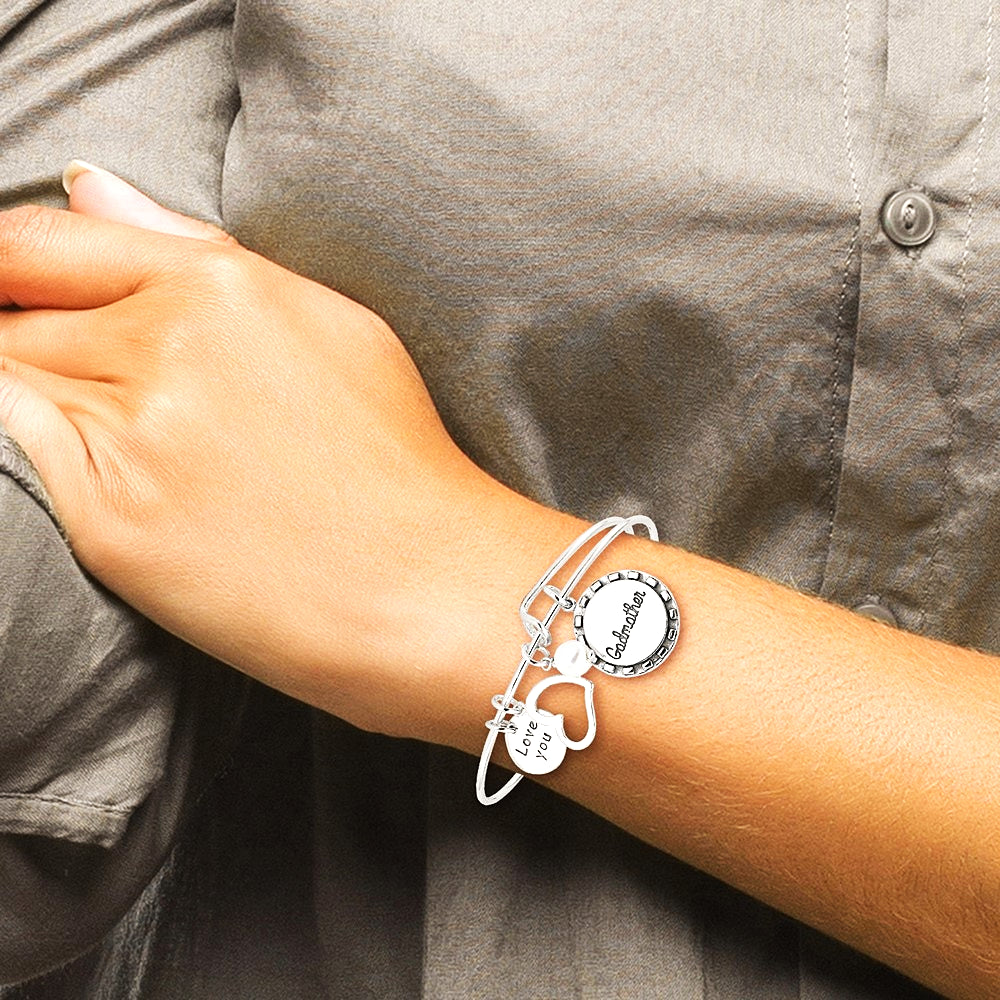 Sterling Silver Antiqued Syn. Pearl Godmother Charm Adjustable Bangle - Product Photo