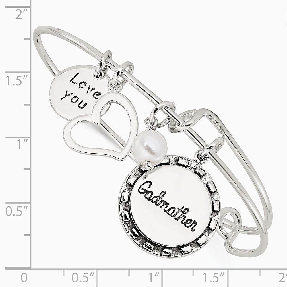 Sterling Silver Antiqued Syn. Pearl Godmother Charm Adjustable Bangle - Product Photo