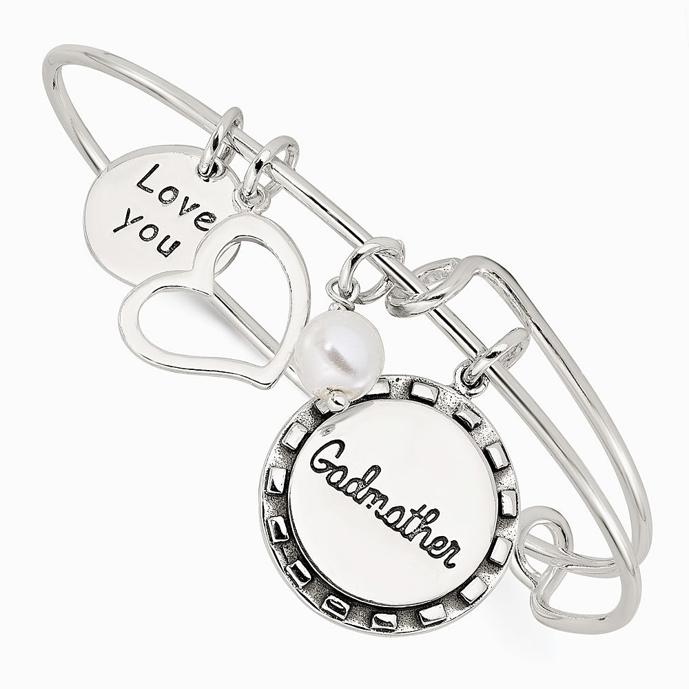Sterling Silver Antiqued Syn. Pearl Godmother Charm Adjustable Bangle - Product Photo