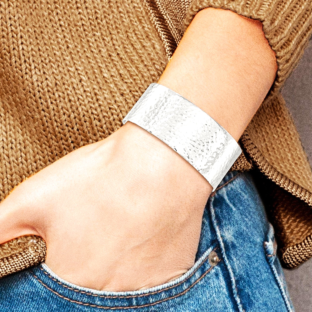 Sterling Silver 25mm Flat Hammered Cuff Bangle - Product Photo